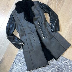 Women's Black and Gray Sheepskin and Leather Coat